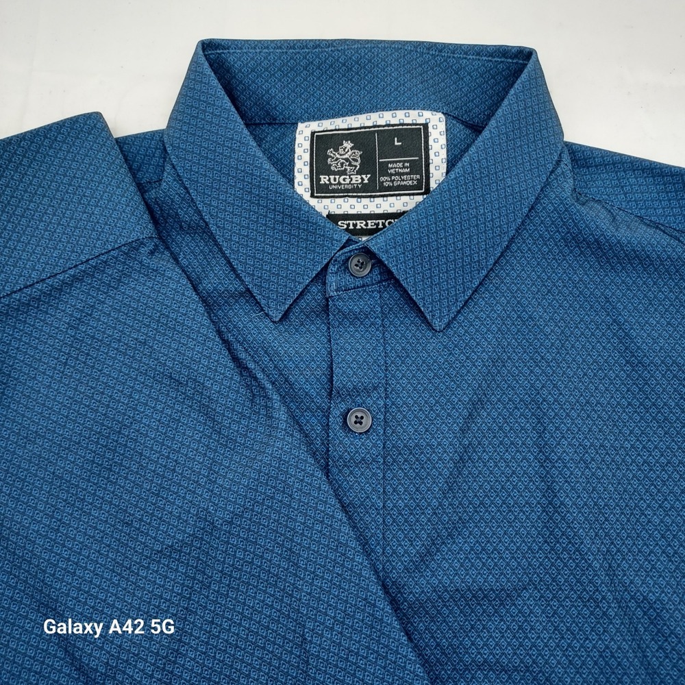 Rugby University Mens Blue Geometric Print Stretch Button Down Shirt Large